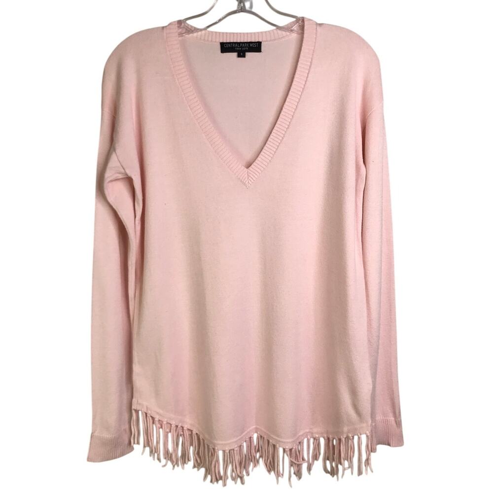 Central Park West Sweater Size Small Pink Fringe Hem V-Neck‎ Long Sleeve
